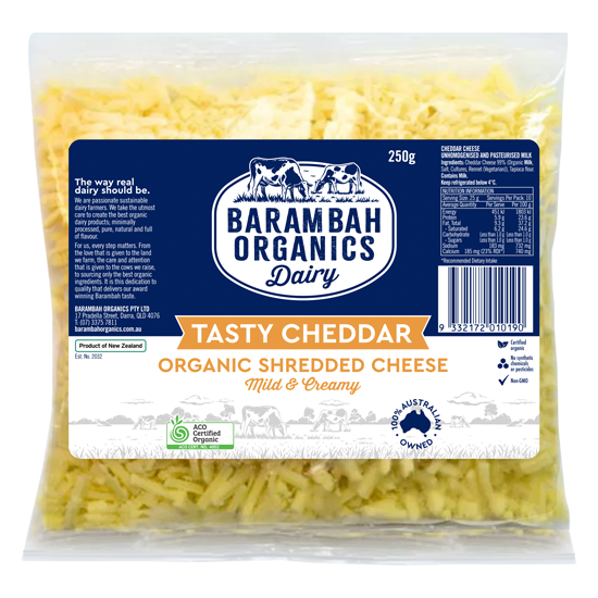 250g of Shredded Tasty Cheddar - Organic Cheddar Cheese - Barambah Organics